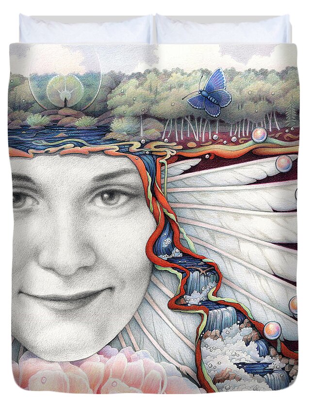 Prismacolor Duvet Cover featuring the drawing Borne On The Wings Of Her Dreams by Amy S Turner