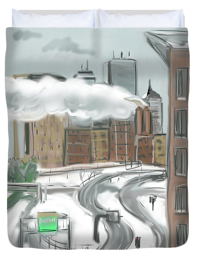 Boston Duvet Cover featuring the painting Boston After The Blizzard by Jean Pacheco Ravinski