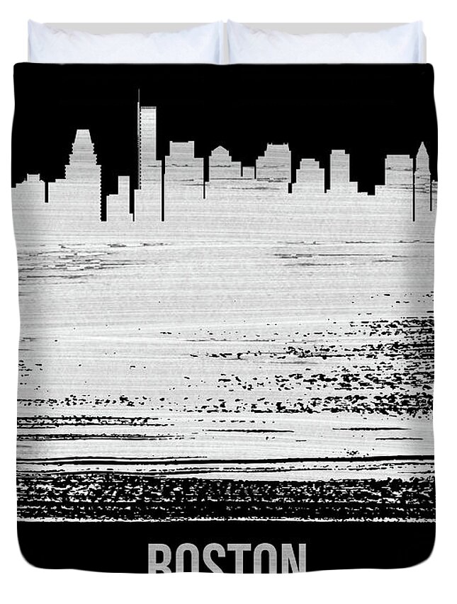 Boston Duvet Cover featuring the mixed media Boston Skyline Brush Stroke White by Naxart Studio