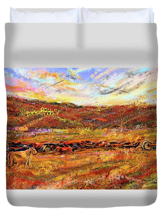 Everton Duvet Cover featuring the painting Bountiful Bovine - Everton, Arkansas by Lourry Legarde
