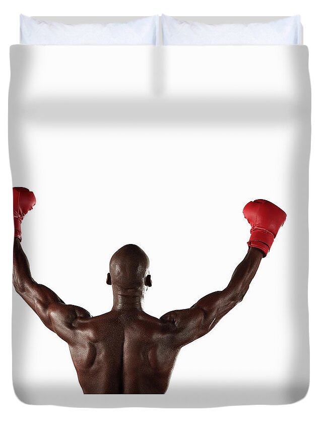 Young Men Duvet Cover featuring the photograph Boxer Cheering With Fists In Air by Moof