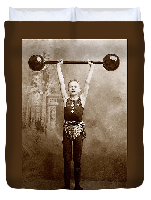 Human Arm Duvet Cover featuring the photograph Boy Lifting Weights by Brand X Pictures