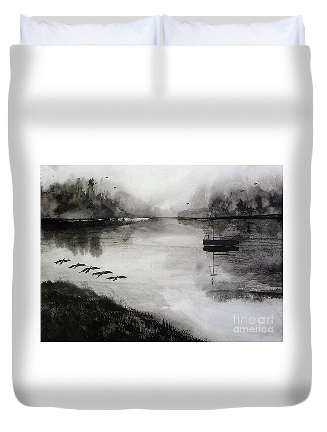 Fog Duvet Cover featuring the painting Breakfast Flight with Sail Boat by Randy Sprout