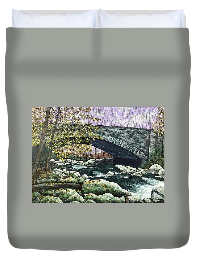 Landscape Duvet Cover featuring the painting Bridge and Stream by Mr Dill