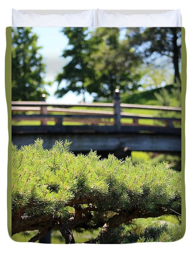 Mocha Cappuccino Duvet Cover featuring the photograph Bridge in Japanese Garden by Colleen Cornelius