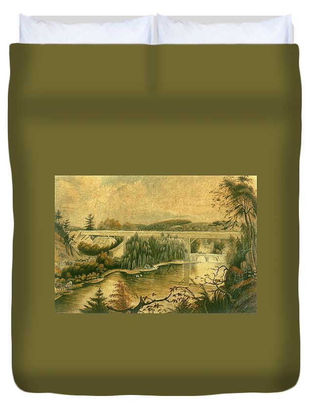 Bridge Duvet Cover featuring the drawing Bridge over the Wissahickon Creek, about 1835 by William Breton