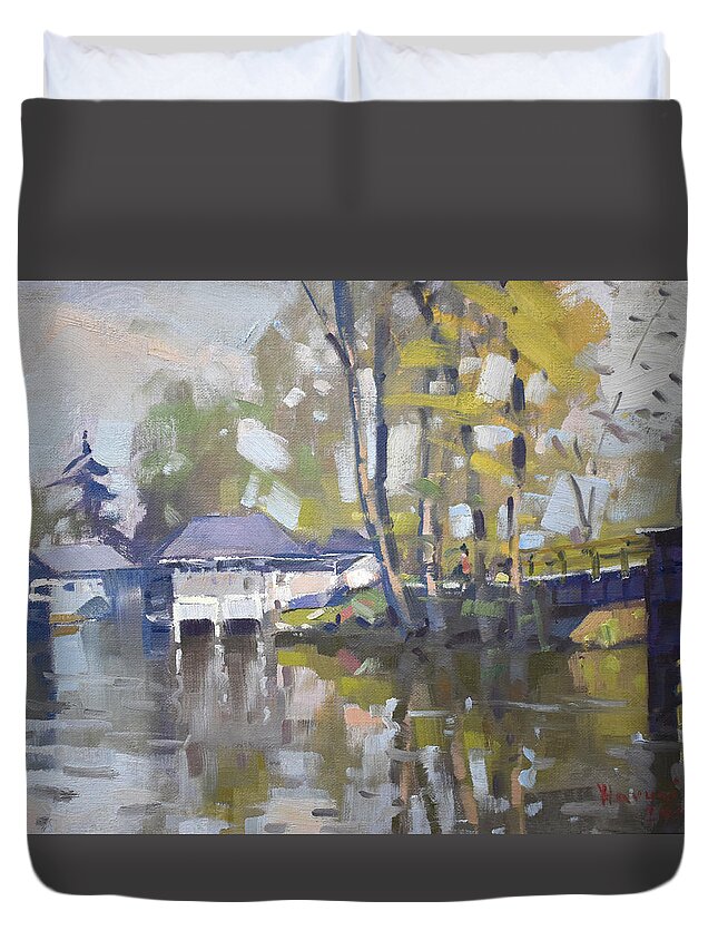 Bridge Duvet Cover featuring the painting Bridge to Boathouses by Ylli Haruni