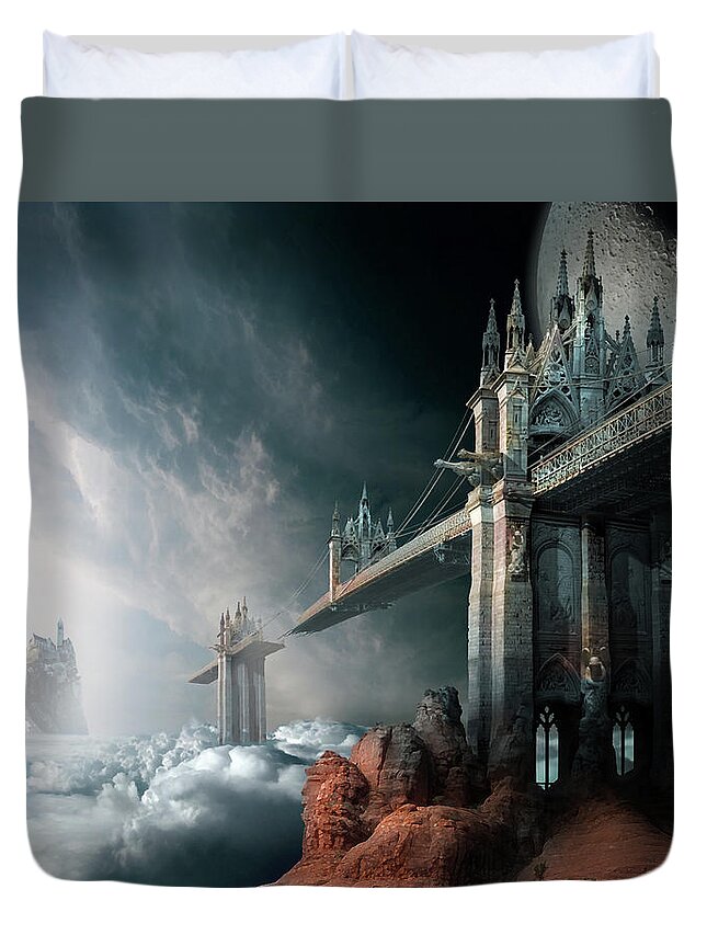 Sky Clouds Rainbow Bridge Haven Gothic Architecture Broken Island Moon Duvet Cover featuring the digital art Bridges to the Neverland by George Grie