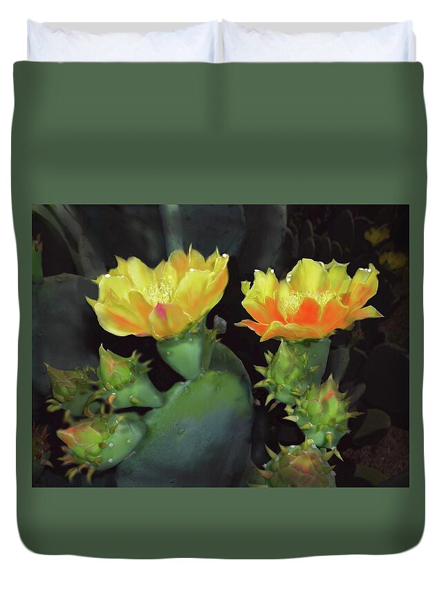 Cactus Duvet Cover featuring the digital art Bright Blossum, Sharp Thorns by Cynthia Westbrook