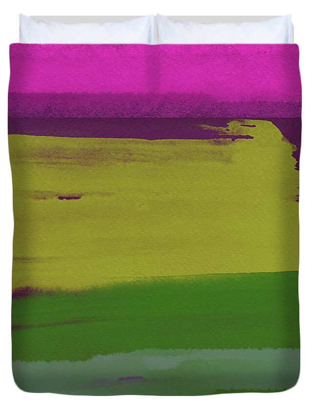 Landscape Duvet Cover featuring the painting Bright Pink and Green Abstract by Naxart Studio