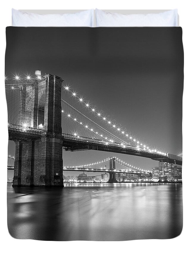 Scenics Duvet Cover featuring the photograph Brooklyn Bridge At Night by Adam Garelick