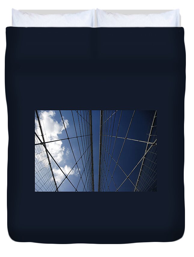 Directly Below Duvet Cover featuring the photograph Brooklyn Bridge Cables Against The Sky by Vanillastring