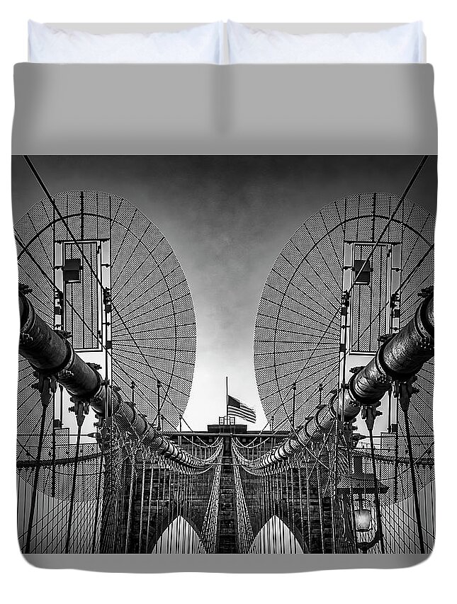 Brooklyn Bridge Duvet Cover featuring the photograph Brooklyn Bridge NYC Details BW by Susan Candelario
