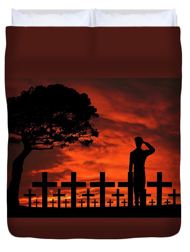 Army Duvet Cover featuring the mixed media Brothers Farewell Salute by David Dehner