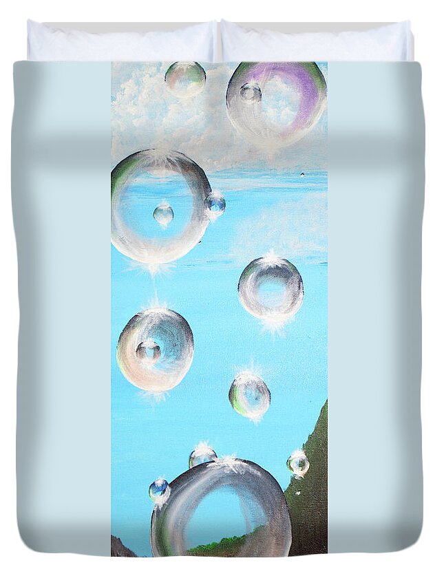 Blue Duvet Cover featuring the painting Bubbles 1 by Medea Ioseliani
