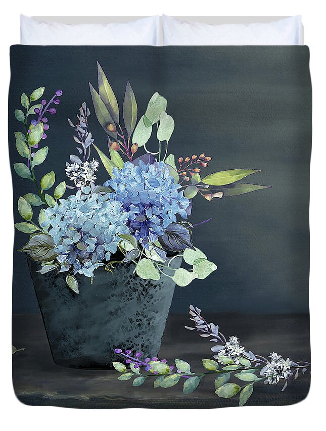 Hydrangea Duvet Cover featuring the digital art Bucket of Blue Hydrangeas by J Marielle