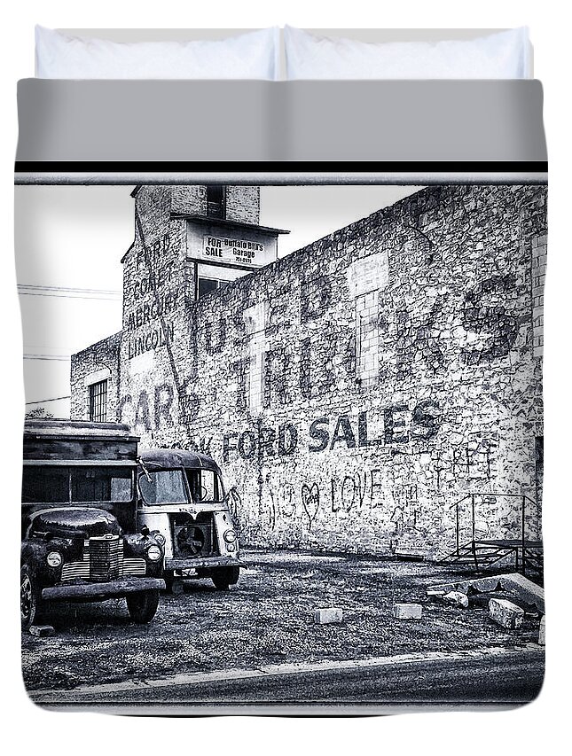 Old Cars Duvet Cover featuring the photograph Buffalo Bills Back Lot by Peggy Dietz