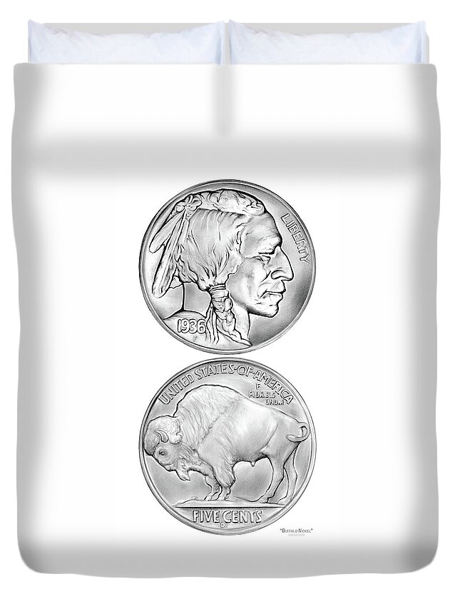 Coin Duvet Cover featuring the drawing Buffalo Indian Nickel 1936 by Greg Joens
