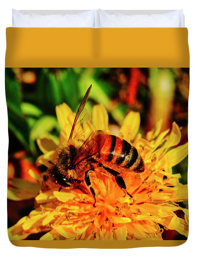 Macro Photography Duvet Cover featuring the photograph Bumble Bee On Yellow Flower by Meta Gatschenberger