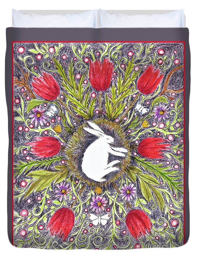 Lise Winne Duvet Cover featuring the mixed media Bunny Nest with Red Flowers Variation by Lise Winne