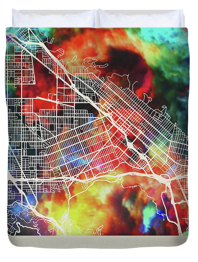Burbank Duvet Cover featuring the mixed media Burbank California Watercolor City Street Map by Design Turnpike
