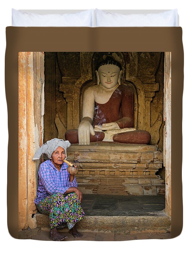 Woman Duvet Cover featuring the photograph Burmese woman relaxing at temple entrance by Ann Moore