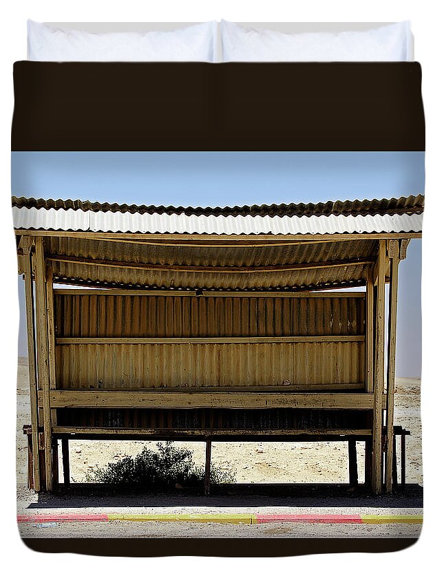 Shadow Duvet Cover featuring the photograph Bus Stop In Neghev Desert N°2 by Vetmed123 Photo