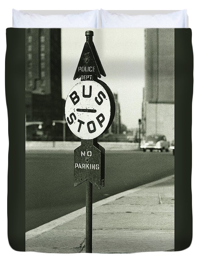 Curve Duvet Cover featuring the photograph Bus Stop Sign On Sidewalk, B&w by George Marks