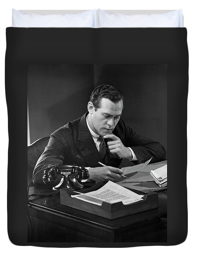 Corporate Business Duvet Cover featuring the photograph Businessman At Desk by George Marks