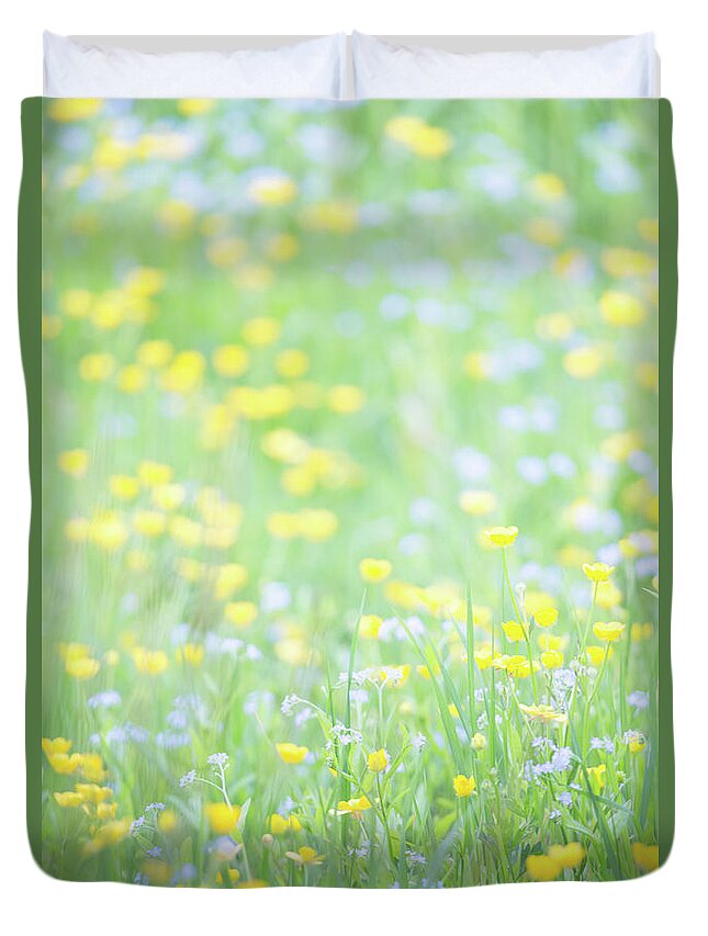  Duvet Cover featuring the photograph Buttercups and Forget-me-nots by Anita Nicholson