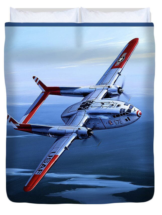 Military Aircraft Duvet Cover featuring the painting Fairchild C-119C Flying Boxcar by Jack Fellows