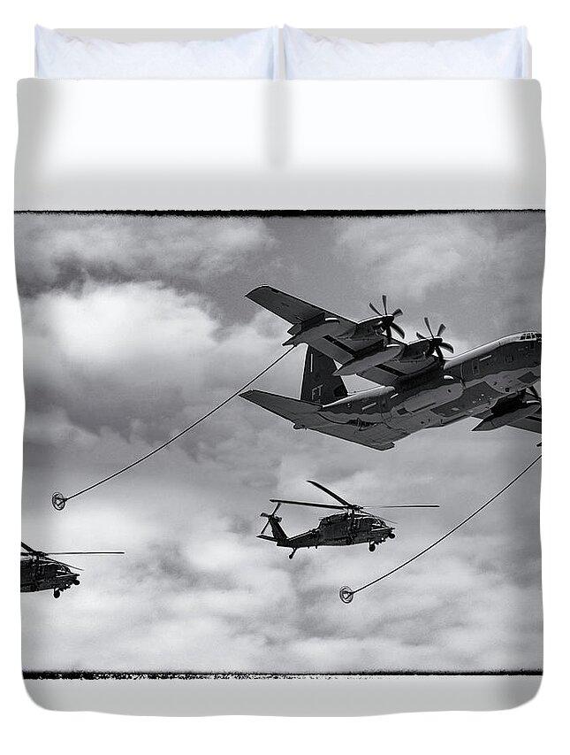 Aerial Duvet Cover featuring the photograph C-130 Refuelling Blackhawks by Chris Smith
