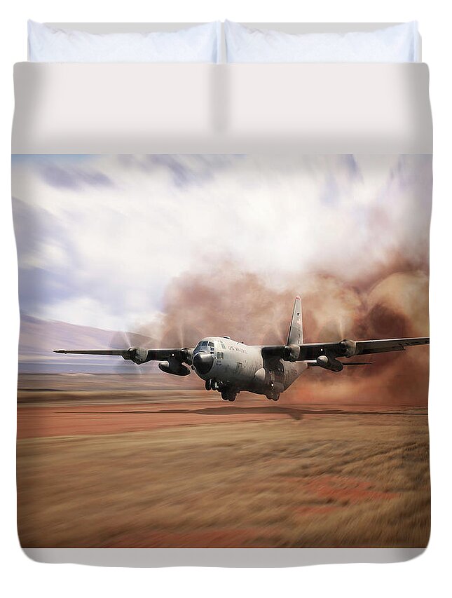 C-130 Hercules Duvet Cover featuring the digital art C130 Dirt Strip Landing by Airpower Art