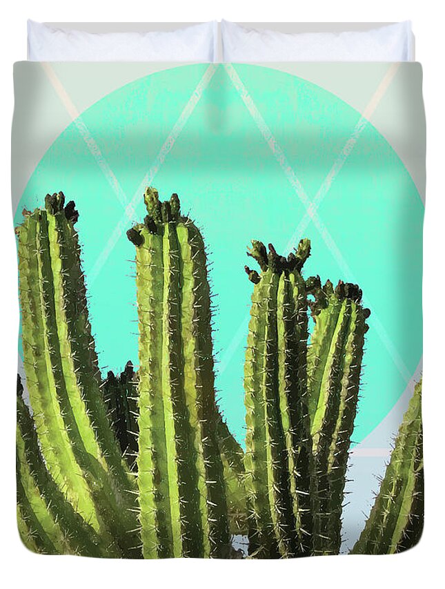 Cactus Duvet Cover featuring the mixed media Cactus - Minimal Cactus Poster - Desert Wall Art - Tropical, Botanical - Blue, Green - Modern by Studio Grafiikka