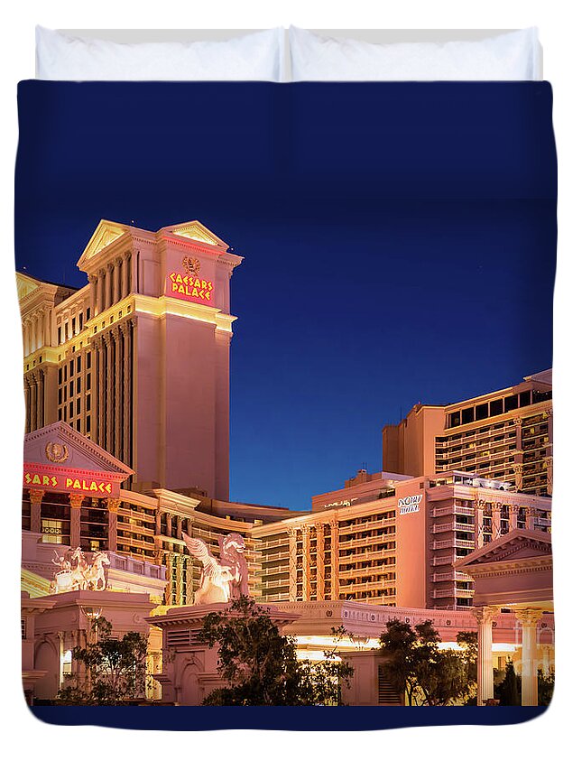 Caesars Palace Duvet Cover featuring the photograph Caesars Palace Julius, Palace and Forum Towers at Dusk by Aloha Art