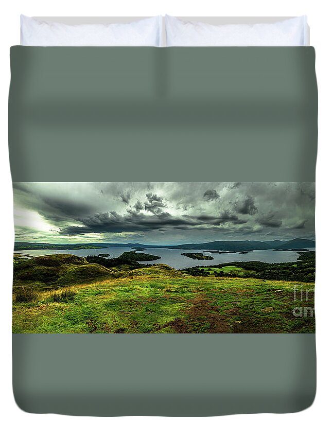 Adventure Duvet Cover featuring the photograph Calm Water And Green Meadows At Loch Lomond In Scotland by Andreas Berthold
