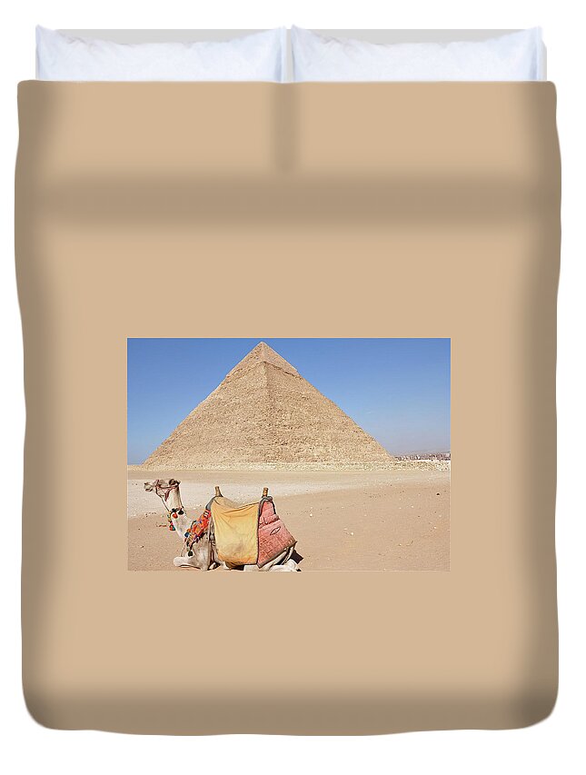 Working Animal Duvet Cover featuring the photograph Camel And Classic Pyramid by Louise Bleakly