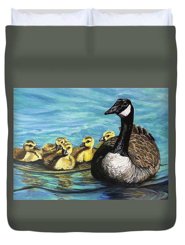 Canadian Duvet Cover featuring the painting Canadian Goose and Goslings by Jeanette Jarmon