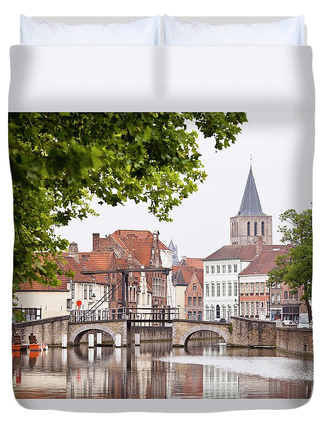 Belgium Duvet Cover featuring the photograph Canal Bridge At Potterierei In Bruges by Michaelutech