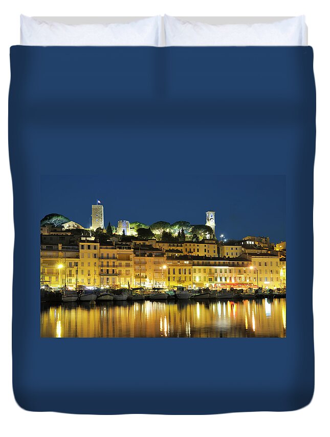 Water's Edge Duvet Cover featuring the photograph Cannes At Night by Nikitje