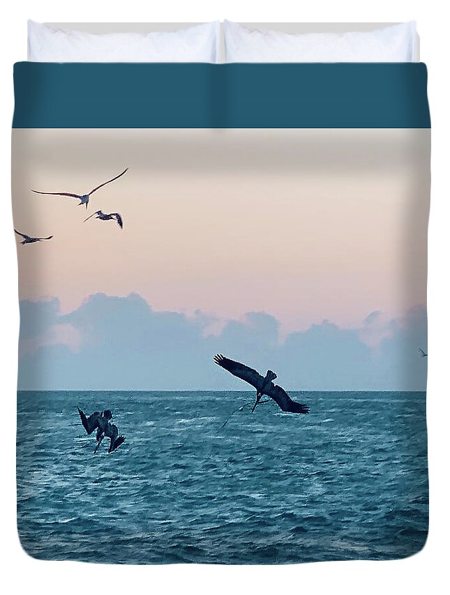 Birds Duvet Cover featuring the photograph Captiva Island Sunset Seagulls Feast 4 by Shelly Tschupp