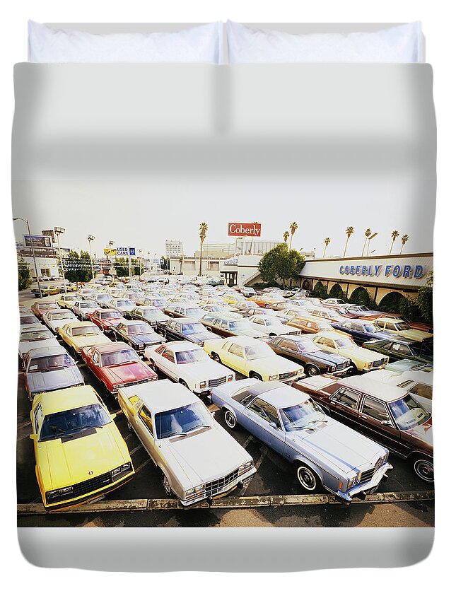 1979 Duvet Cover featuring the photograph Car Park In Front Of Car Showroom by Tom Kelley Archive