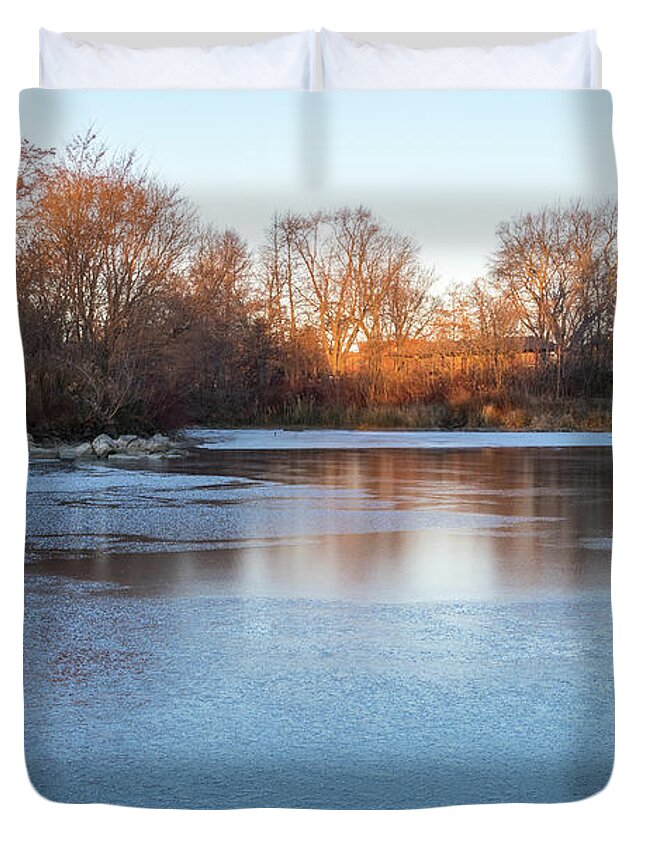 Caramel Brown Duvet Cover featuring the photograph Caramel and Ice - Cool Reflections at a Frozen Pond Take Two by Georgia Mizuleva