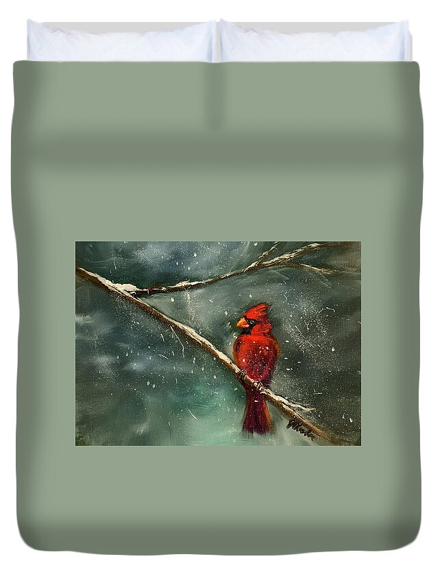 Cardinal Duvet Cover featuring the painting Cardinal Cheer by Jan Chesler