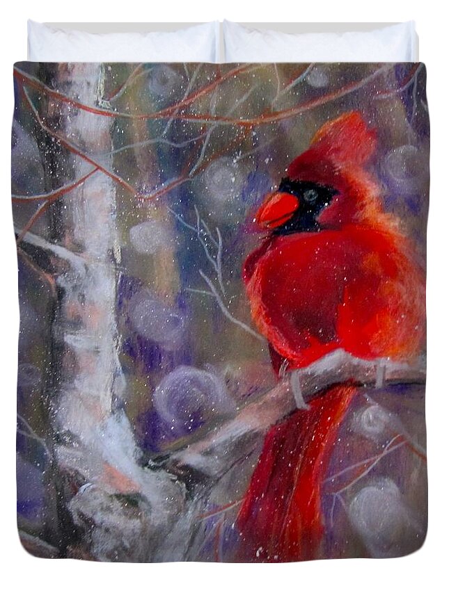 Bird Duvet Cover featuring the pastel Cardinal in the snow by Barbara O'Toole