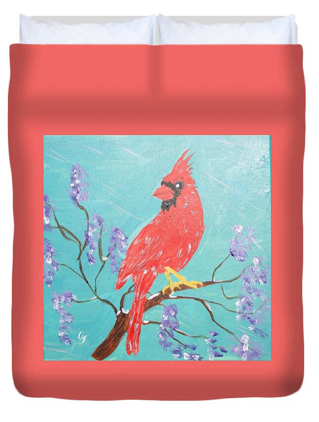 Cardinals Duvet Cover featuring the painting Cardinal with Purple by Yvonne Sewell