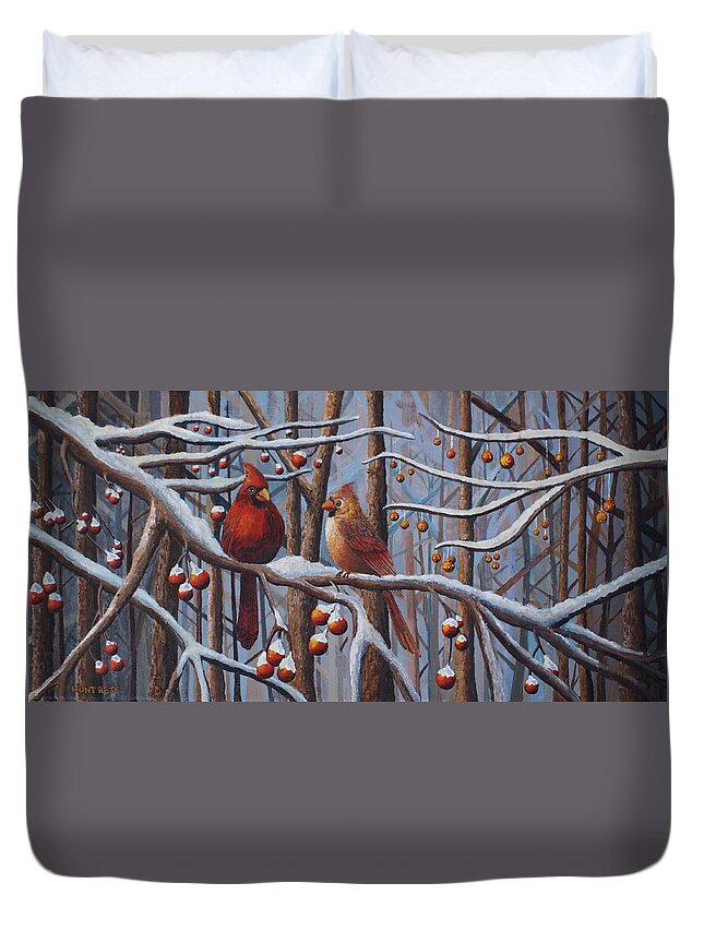 Cardinals Duvet Cover featuring the painting Cardinals by Mindy Huntress