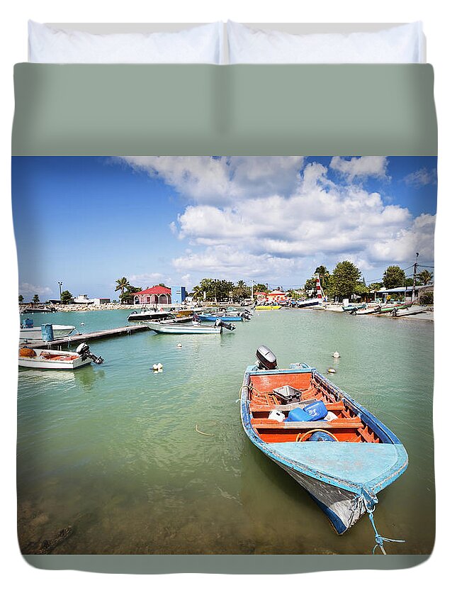 Grande Terre Duvet Cover featuring the photograph Caribbean Fishing Harbor With Boats by Stevegeer