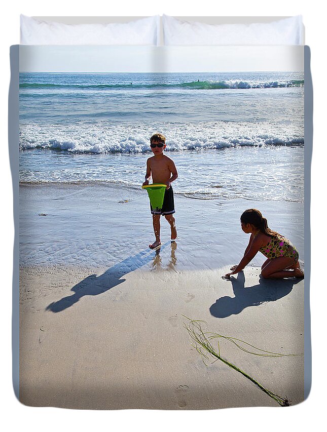 Carlsbad Duvet Cover featuring the photograph Carlsbad Beach Kids in Sand by Catherine Walters