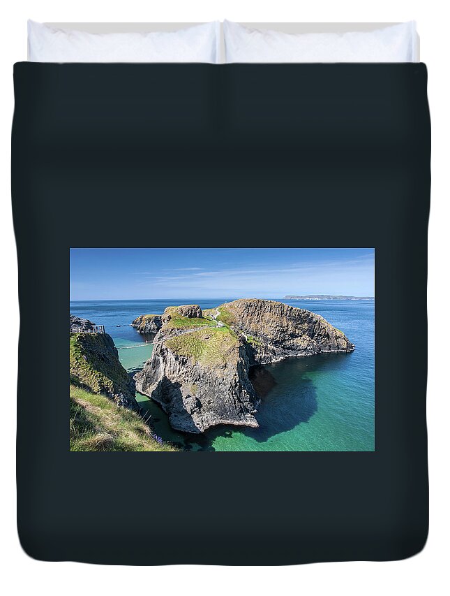 Tranquility Duvet Cover featuring the photograph Carrick-a-rede Rope Bridge In Northern by Pierre Leclerc Photography
